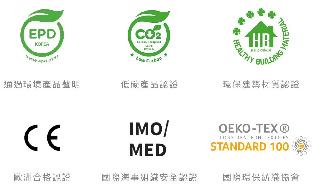 EPD / CO2 Low Carbon / HB Healthy Building / CE / IMO MED / OEKO-TEX 國際認證